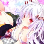  alternate_costume blush bow breasts checkered close-up fujiwara_no_mokou hair_bow highres japanese_clothes long_hair mike_(mikenekotei) open_mouth patterned red_eyes sarashi solo thighs touhou white_hair 