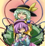  ^_^ aa_nin blush closed_eyes eyes_closed green_hair hairband hat heart hug hug_from_behind komeiji_koishi komeiji_satori multiple_girls open_mouth purple_eyes purple_hair short_hair siblings sisters smile third_eye touhou violet_eyes 