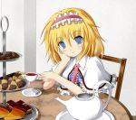 alice_margatroid blonde_hair blue_eyes bluntspoony blush cake capelet chair cookie cup food hairband hand_on_own_cheek looking_at_viewer pocky saucer short_hair sitting smile solo spoon table teacup teapot tiered_tray touhou 