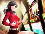  1girl aiko_yumi black_hair breasts casino clenched_hand fist_pump gambling glasses green_eyes grin highres hunie_pop long_hair ninamo official_art pencil_skirt rimless_glasses skirt slot_machine smile solo watermark 