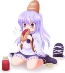  blush bread bread_in_mouth creamlife eating food food_on_head hat hat_removed headwear_removed jam japanese_clothes mononobe_no_futo purple_eyes silver_hair sitting solo tate_eboshi touhou violet_eyes wariza 