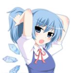  alternate_hairstyle arms_up blue_dress blue_eyes blue_hair blush cirno dress fang ice ice_wings looking_at_viewer masiromu open_mouth ponytail ribbon short_hair simple_background solo touhou tying_hair white_background wings 