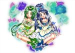  2girls akimoto_komachi bare_shoulders blue_eyes blue_hair blue_rose brooch butterfly butterfly_hair_ornament cure_aqua cure_mint dress earrings flower gloves green_eyes green_hair green_rose hair_ornament jewelry long_hair magical_girl minazuki_karen multiple_girls precure purple_rose rose shoes sitting smile yes!_precure_5 yukishiro_midori 