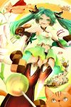 1girl :q cake candy cape cat checkerboard_cookie chocolate cookie detached_sleeves doughnut elbow_gloves food garter_straps gloves green_eyes green_hair hatsune_miku headset highres lollipop long_hair midriff navel spring_onion suspenders thighhighs tongue twintails unzipped very_long_hair vocaloid 