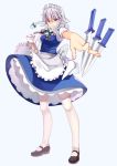  bad_id between_fingers blue_eyes foreshortening izayoi_sakuya knife maid maid_headdress mary_janes newrein outstretched_arm pantyhose shoes simple_background smile solo standing teapot throwing_knife touhou weapon white_hair white_legwear wind_lift 