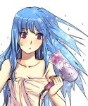  :&lt; :t after_shower blue_hair breasts cleavage collarbone face frozen hair_dryer highres ice king_of_fighters kkaiju kula_diamond long_hair naked_towel purple_eyes snk solo towel violet_eyes wet_hair 