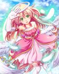  1girl angel blonde_hair dress feathers gloves green_eyes halo highres lips long_hair original sky solo thigh-highs wings 