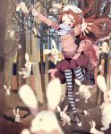  :3 absurdres blush brown_hair bunny closed_eyes eyes_closed hat highres long_hair long_sleeves open_mouth original outstretched_arms rabbit scarf skirt solo striped striped_legwear thighhighs too_many_rabbits tree yo_yuma 