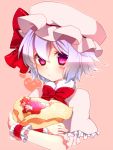  :/ bad_id bouquet bow bust crossed_arms flower hat lavender_hair looking_at_viewer red_eyes remilia_scarlet short_hair simple_background solo touhou wrist_cuffs yutazou 