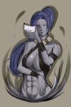  abs assassin_(fate/zero) blue_hair breasts dark_skin fate/stay_night fate/zero fate_(series) female_assassin_(fate/zero) highres hoop_earrings large_breasts mask muscle ponytail realistic solo stromatolith_(jojomgs) 