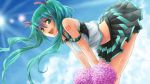  :d adapted_costume aqua_eyes aqua_hair bare_shoulders bent_over blush cheerleader hachi_shoku hatsune_miku highres long_hair looking_at_viewer midriff navel open_mouth pom_poms skirt sky smile solo tattoo twintails underwear very_long_hair vocaloid wallpaper yakusa 