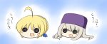  2girls :3 ahoge artoria_pendragon_(all) blonde_hair blush fate/stay_night fate/zero fate_(series) food fuugetsu_oreha_ikiru hat head illyasviel_von_einzbern mochi multiple_girls o_o saber translated wagashi white_hair 