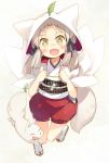  1girl :d blush character_request fang fox fox_tail green_eyes hood japanese_clothes kito_(sorahate) leaf leaf_on_head looking_at_viewer open_mouth sandals silver_hair smile solo tabi tail white_legwear 
