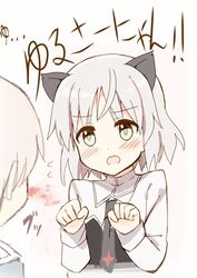  1966 animal_ears blood blush cat_ears eila_ilmatar_juutilainen glastonbury1966 green_eyes military military_uniform multiple_girls nosebleed sanya_v_litvyak short_hair silver_hair strike_witches translated uniform 