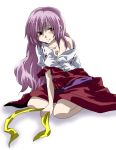  blush breasts hair_down hair_ribbon off_shoulder purple_hair red_eyes ribbon sitting smile solo touhou unya watatsuki_no_yorihime 