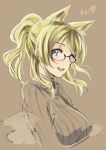  1girl animal_ears ayase_eli bespectacled blonde_hair blue_eyes breasts bust fox_ears glasses kemonomimi_mode long_hair love_live!_school_idol_project open_mouth pas_(paxiti) ponytail ribbed_sweater scrunchie semi-rimless_glasses solo sweater turtleneck under-rim_glasses 