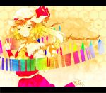  ascot blonde_hair closed_eyes eyes_closed flandre_scarlet frills gradient hat hat_ribbon hexagon honeycomb_background kaino letterboxed ribbon short_hair side_ponytail skirt skirt_set smile solo the_embodiment_of_scarlet_devil touhou wings wristband 