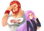  1girl adjusting_glasses bad_id beard breasts broad_shoulders crossover facial_hair fate/stay_night fate/zero fate_(series) glasses impossible_clothes impossible_clothing impossible_shirt long_hair manly ousder purple_hair red_eyes red_hair redhead rider rider_(fate/zero) shirt t-shirt turtleneck very_long_hair yellow_eyes 