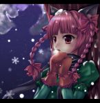  animal_ears bow braid breath bust cat_ears hair_bow highres k-sk_style kaenbyou_rin mittens night red_eyes red_hair redhead scarf sky snow solo star_(sky) touhou twin_braids winter 