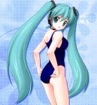  adjusting_swimsuit aoya_(hoshixii) green_eyes green_hair hatsune_miku headphones headset long_hair looking_back one-piece_swimsuit solo swimsuit twintails very_long_hair vocaloid 
