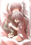 child closed_eyes commentary commentary_request eyes_closed faceless faceless_male gaoo_(frpjx283) grey_hair hair_down hug long_hair mononobe_no_futo no_hat no_headwear on_back open_mouth pillow shirt sleeping touhou 