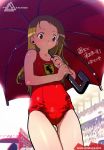  :o blonde_hair blue_eyes ferrari io_takuya long_hair one-piece_swimsuit race_queen red_school_swimsuit school_swimsuit solo swimsuit umbrella 