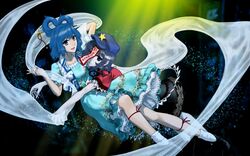  black_hair blue_eyes blue_hair dress hair_rings hair_stick hat highres kaku_seiga miyako_yoshika multiple_girls ofuda open_mouth outstretched_arms shawl short_hair star touhou umami_(sakeikura) vest zombie_pose 