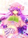  1girl adapted_costume bad_id book capelet crescent hair_ribbon hat highres hime_cut long_hair lying midriff patchouli_knowledge purple_eyes purple_hair ribbon skirt solo striped thigh-highs thighhighs touhou unabara_misumi very_long_hair violet_eyes white_legwear 