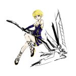  bare_shoulders blonde_hair bob_cut bow_(weapon) breasts cleavage corset cross-laced_sandals eirene_(oniro) elbow_gloves frilled_skirt gloves high_heels highres huge_weapon oniro original pas_(paxiti) purple_eyes sandals shoes short_hair sketch solo violet_eyes weapon work_in_progress 