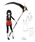  black_hair choker concept_art dress fire highres huge_weapon jacket leggings oniro original pas_(paxiti) payot purple_eyes scythe short_hair sketch solo violet_eyes weapon 