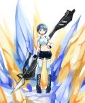  blue_hair boots crop_top cross-laced_footwear fingerless_gloves gloves hairband hand_on_hip highres hips huge_weapon lace-up_boots midriff navel oniro original pas_(paxiti) short_hair shorts solo thigh-highs thighhighs weapon white_legwear yellow_eyes zettai_ryouiki 