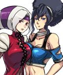  bare_shoulders black_hair blue_eyes bra_strap breast_press breasts diana_(kof) extra face foxy_(kof) hairband highres jewelry king_of_fighters kkaiju large_breasts midriff multicolored_hair multiple_girls necklace purple_hair red_eyes scrunchie snk white_hair 