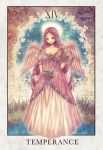  angel_wings braid brown_eyes brown_hair chalice dress gem halo highres leaf long_hair mirusa original pouring shawl tarot temperance_(tarot_card) water wings 