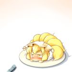  blonde_hair blush chibi closed_eyes eyes_closed fox_tail hat multiple_tails plate shellmound solo tail tears touhou yakumo_ran yellow_eyes 