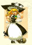  :p \n/ apron blonde_hair bow braid broom buttons hair_bow hair_ribbon hand_on_hat hat kirisame_marisa manuke0726 mary_janes ribbon shoes single_braid solo tongue touhou waist_apron witch witch_hat yellow_eyes zoom_layer 