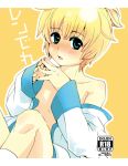  blonde_hair blue_eyes blush footwear jacket kagamine_len male open_mouth oversized_clothes short_hair socks solo vocaloid 
