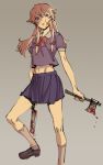  :o axe blood blood_on_face butcher_knife gasai_yuno long_hair midriff mirai_nikki navel pink_hair red_eyes school_uniform simple_background sketch skirt solo tarou2 weapon western_hatchet 