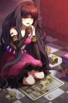  artist_request bangs bare_shoulders blush brown_hair corset crescent_puzzle dress frills gothic_lolita jigsaw_puzzle lolita_fashion long_hair lowres markings open_mouth puzzle rubik&#039;s_cube rubik's_cube sitting solo sword_girls yellow_eyes 