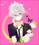  aqua_eyes blazer butterfly flower glasses hssno108 hunter_x_hunter killua_zoldyck male necktie school_uniform solo teenage white_hair 