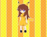  &gt;_&lt; animal_ears animated animated_gif aokawa_(blue_river) blue_(pokemon) blue_eyes brown_hair closed_eyes cosplay denpa long_hair open_mouth orange_background pikachu pikachu_(cosplay) pokemon pokemon_special solo star starry_background striped striped_background tail yellow_background 