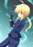  ahoge ayakashi_(monkeypanch) bad_id belt blonde_hair blush dutch_angle fate/stay_night fate/zero fate_(series) formal gloves highres long_hair pant_suit ponytail saber suit 