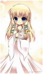  1girl blonde_hair blue_eyes blush dress hair_ribbon harp highres instrument long_hair looking_at_viewer midna01 pointy_ears princess_zelda ribbon signature skyward_sword smile standing the_legend_of_zelda white_dress 