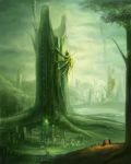  copyright_request evacuation fantasy giant highres insect landscape miniboy monster occult_soda scenery tower tree wings 