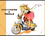  ascot blonde_hair blush character_name dotted_outline fang flandre_scarlet hair_ornament hat honda_cub jinkou-kuu letterboxed moped motor_vehicle motorcycle open_mouth red_eyes ribbon sharuru short_hair side_ponytail skirt skirt_set solo standing the_embodiment_of_scarlet_devil touhou vehicle 