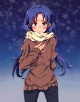  3: blue_hair blush brown_eyes idolmaster jeans kisaragi_chihaya long_hair lyrical_denko scarf snowflakes solo sweater unmoving_pattern 