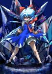  bloomers blue_eyes blue_hair bow cirno clenched_hands dress fighting_stance fist hair_bow highres ice ice_wings necktie serious shoes short_hair tawasiken touhou wings 