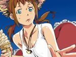  bare_shoulders blue_eyes blurry brown_hair depth_of_field dutch_angle food food_on_face foreshortening hat heart ice_cream ice_cream_cone jewelry licking_lips original pendant sleeveless sleeveless_shirt solo straw_hat tarou2 twintails 