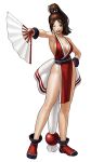  1girl armpits bead breasts brown_eyes brown_hair center_opening cleavage eisuke_ogura fan fatal_fury female full_body hand_on_hip high_ponytail holding holding_fan japanese_clothes king_of_fighters king_of_fighters_xiii legs long_hair medium_breasts ninja no_shoes official_art ogura_eisuke one_eye_closed open_mouth outstretched_arm parted_bangs pelvic_curtain ponytail revealing_clothes shiranui_mai sideboob simple_background sleeveless snk solo standing tabi transparent_background wink 