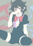  1girl asymmetrical_wings bad_id black_hair black_legwear bow bowtie finger_to_mouth houjuu_nue long_hair ogino_(oginogino) open_clothes open_shirt pointy_ears red_eyes shirt sitting solo thigh-highs thighhighs tongue tongue_out touhou wings 