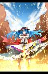  absurdres blue_hair boots cross-laced_footwear food fruit hands_on_hilt hat highres hinanawi_tenshi koshi-kun lace-up_boots letterboxed peach red_eyes skirt solo sword sword_of_hisou touhou weapon 
